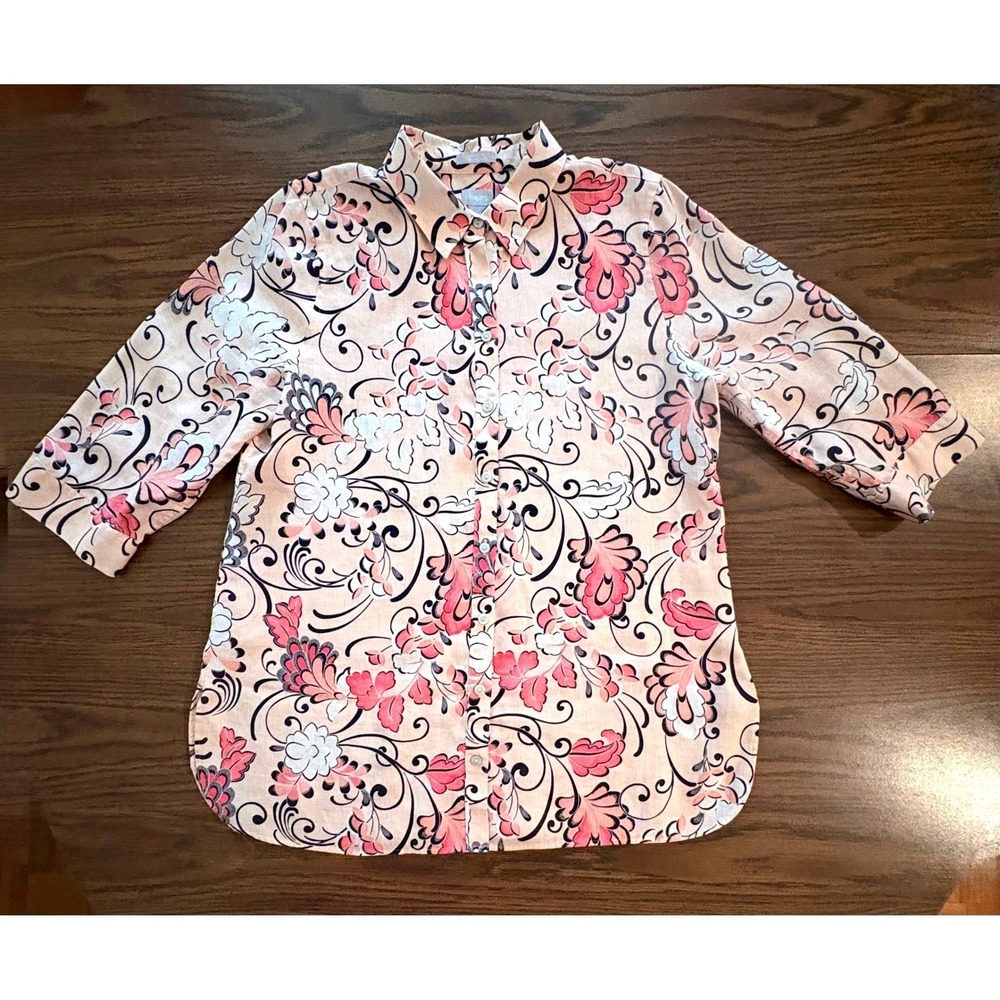 Chicos Women SZ 2 L=12/14 Peach Pink Floral No-Iron 3/4 Sleeve Button Down Shirt - Picture 2 of 10